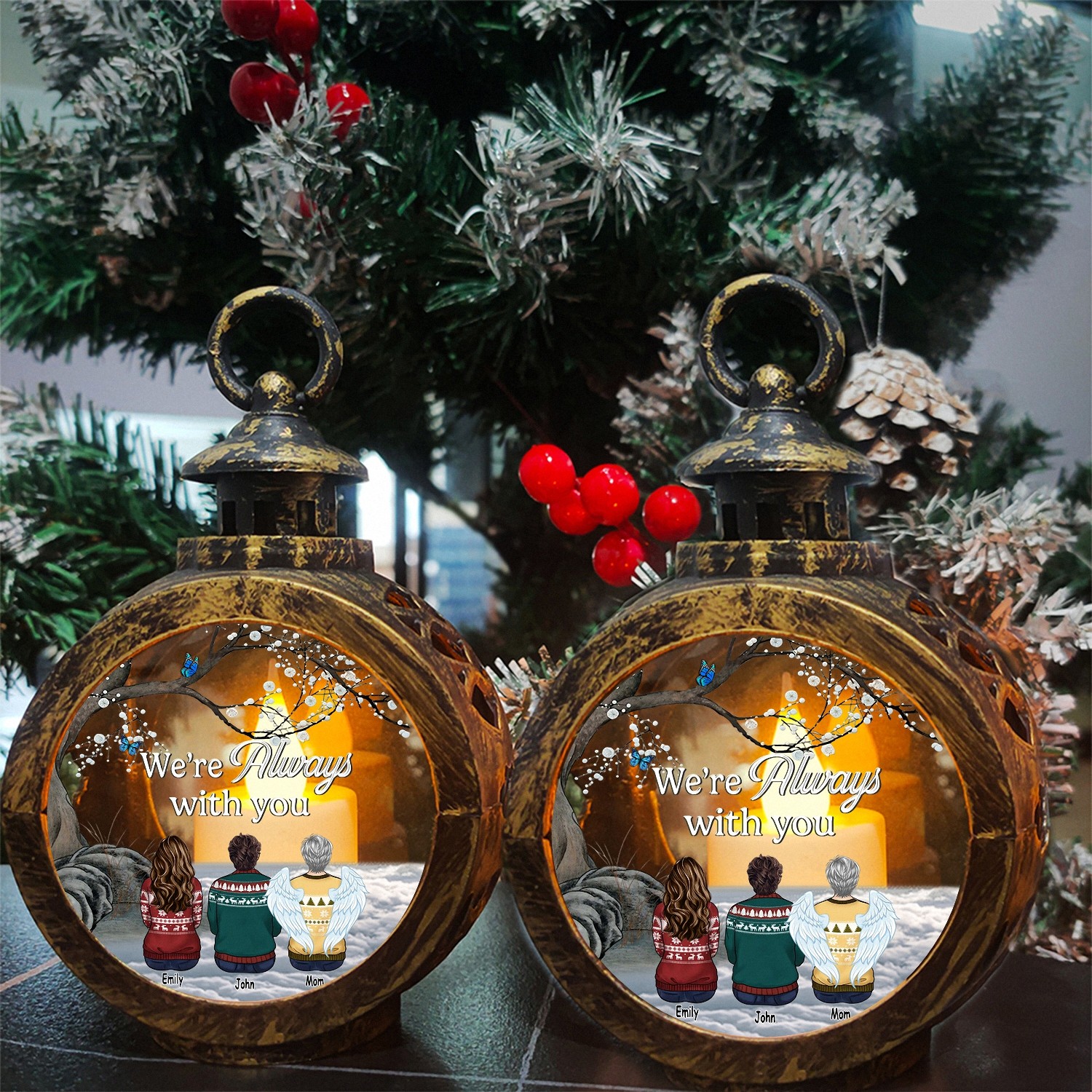 Personalized Were Always With You Memorial Christmas Ornament Angel Wings LED Lantern Keepsake Vintage Style Bereavement Gift for Grieving Family Loss of Mom Sympathy Tree Decoration 4ER5E