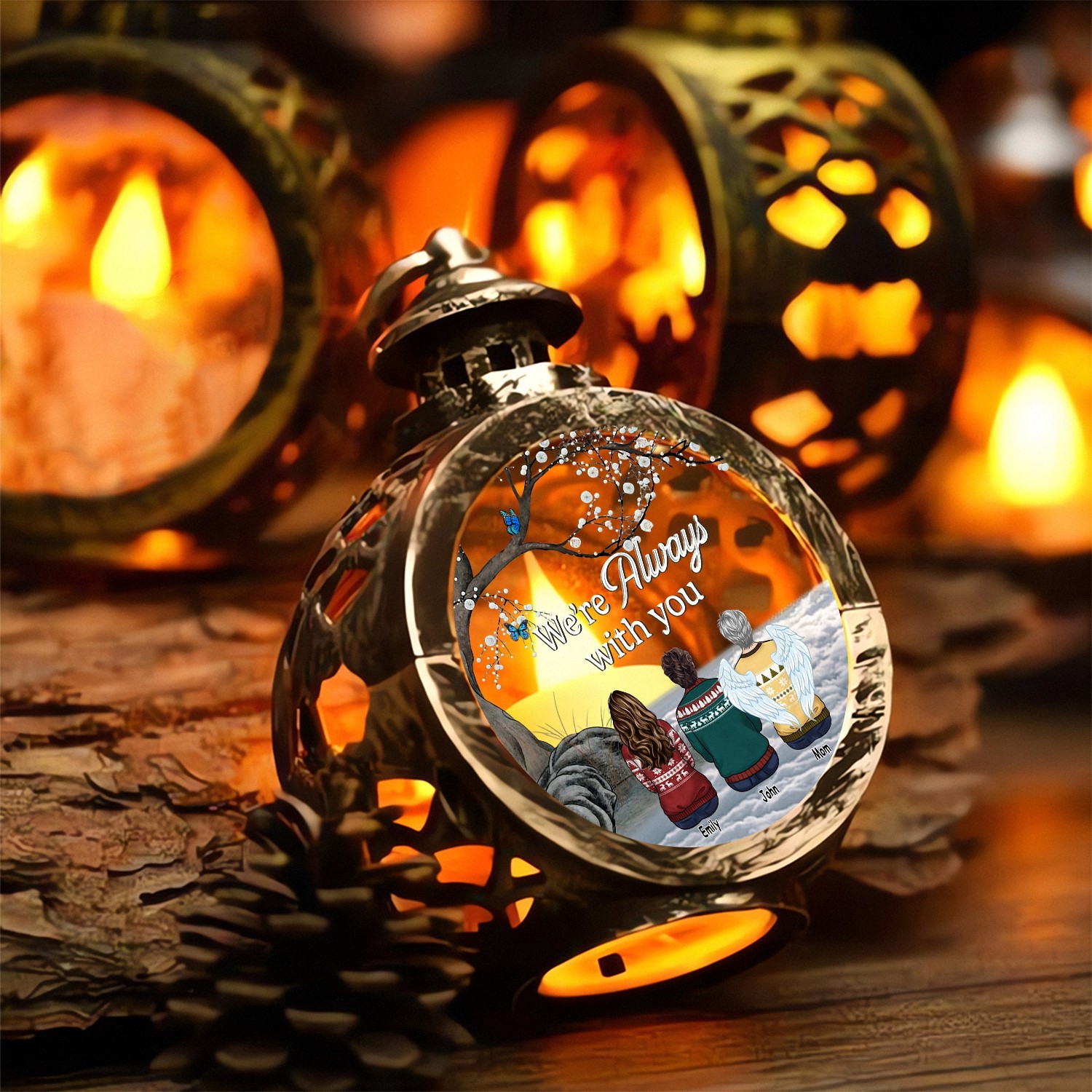 Personalized Were Always With You Memorial Christmas Ornament Angel Wings LED Lantern Keepsake Vintage Style Bereavement Gift for Grieving Family Loss of Mom Sympathy Tree Decoration 4ER5E