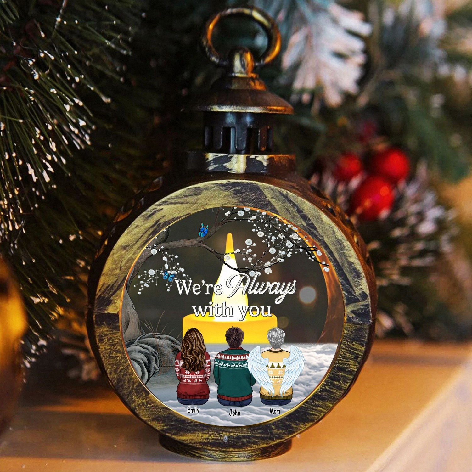 Personalized Were Always With You Memorial Christmas Ornament Angel Wings LED Lantern Keepsake Vintage Style Bereavement Gift for Grieving Family Loss of Mom Sympathy Tree Decoration 4ER5E