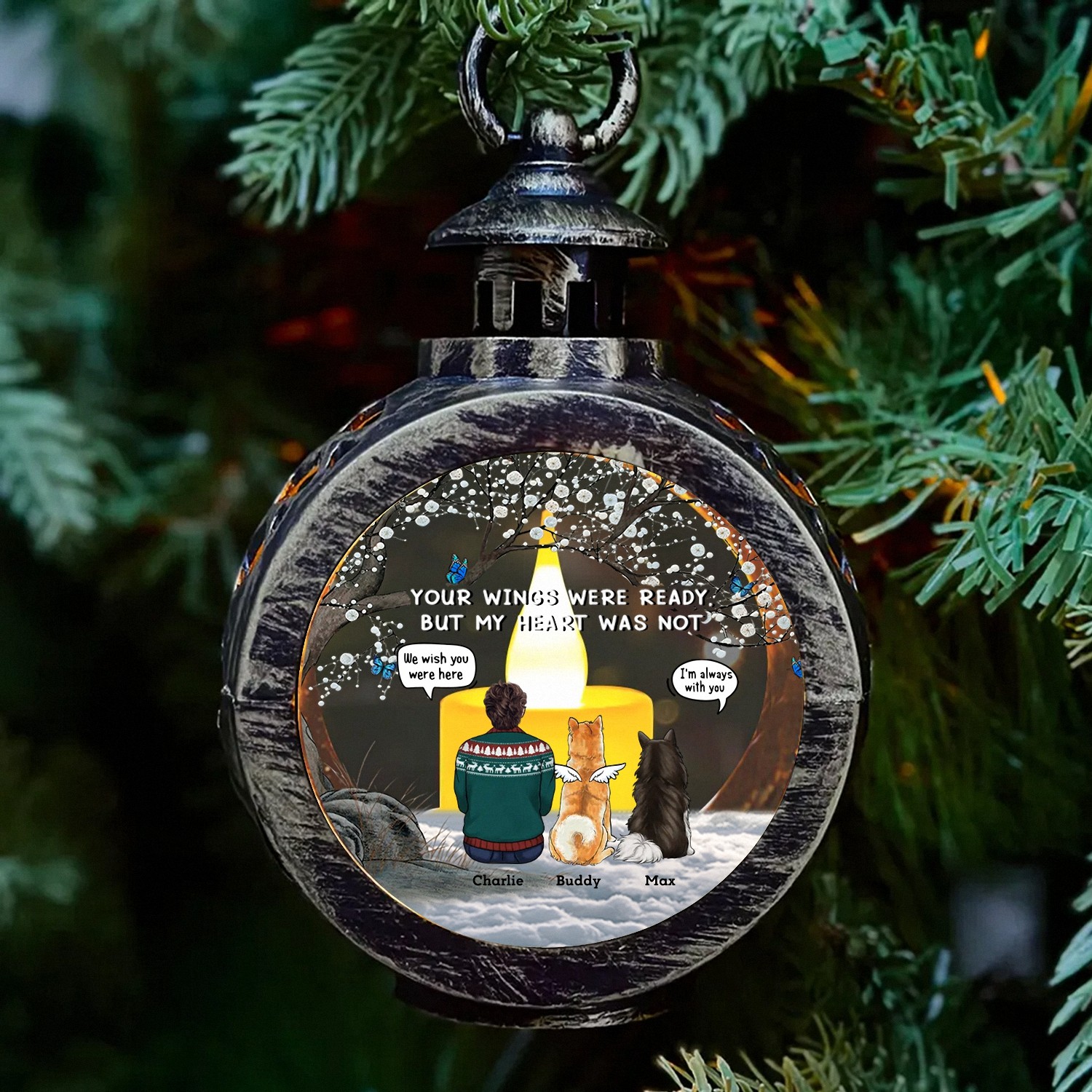 Personalized Your Wings Were Ready Pet Memorial Christmas Ornament Angel Dogs LED Lantern Keepsake Vintage Style Bereavement Gift for Grieving Owners Sympathy Tree Decoration-79QVJ