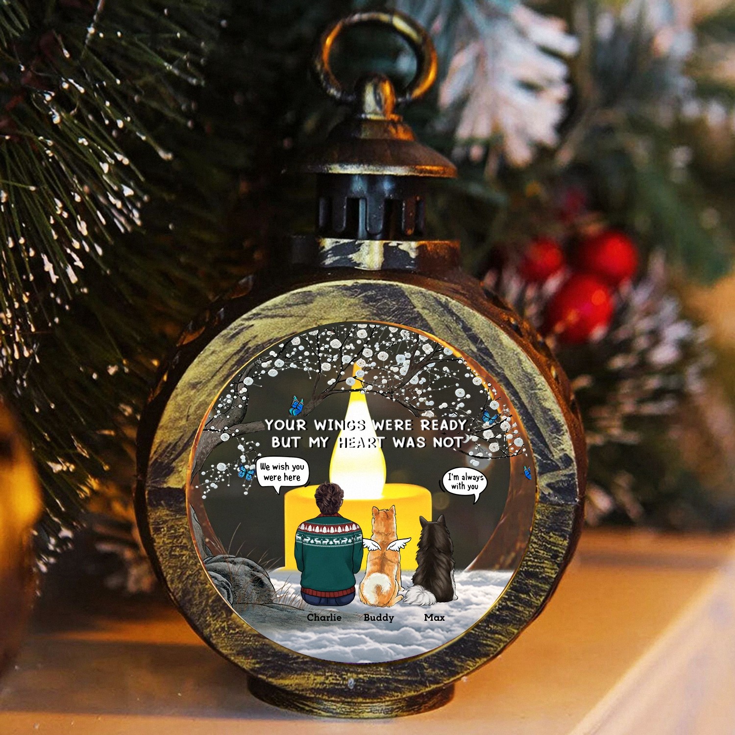 Personalized Your Wings Were Ready Pet Memorial Christmas Ornament Angel Dogs LED Lantern Keepsake Vintage Style Bereavement Gift for Grieving Owners Sympathy Tree Decoration-79QVJ