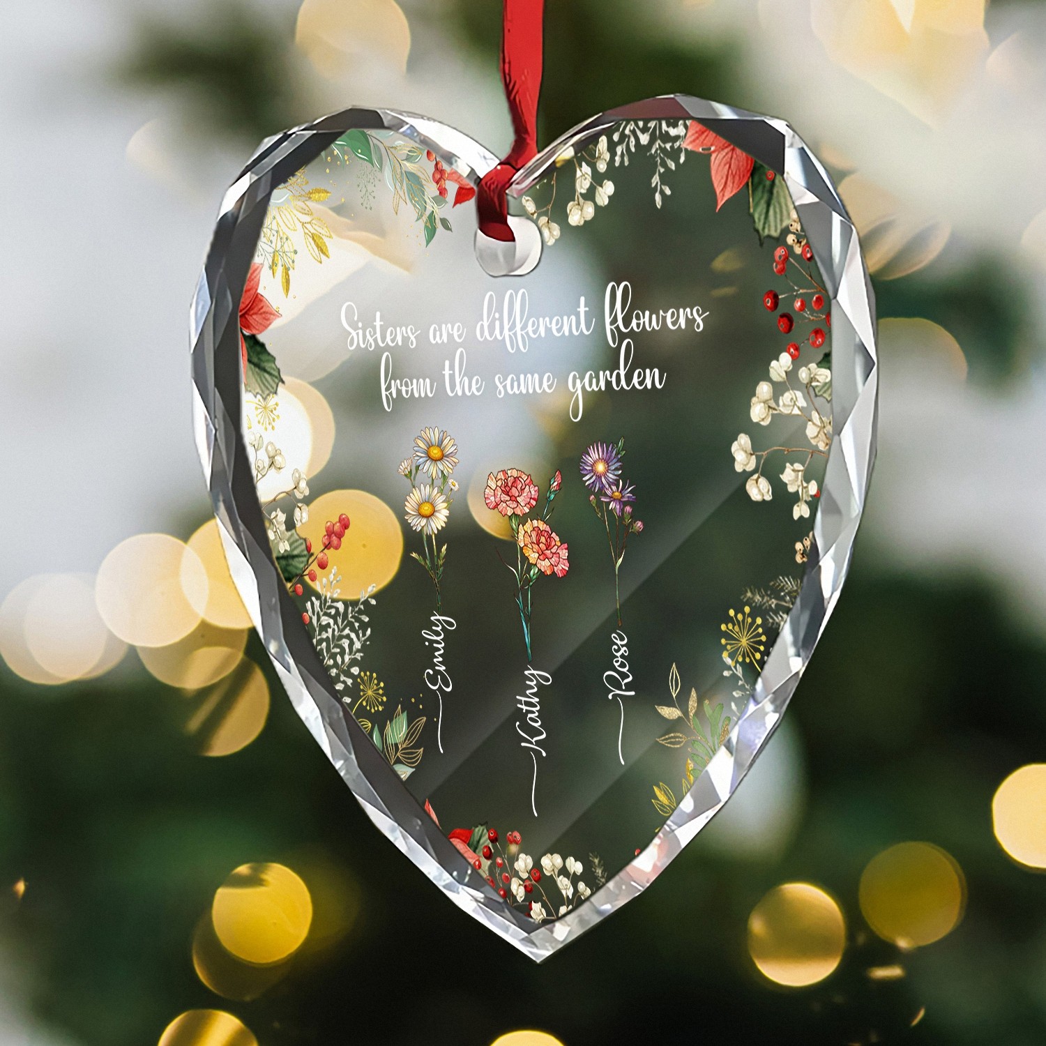 Sisters Garden Heart Ornament A Custom Keepsake with Personalized Names Birth Flowers