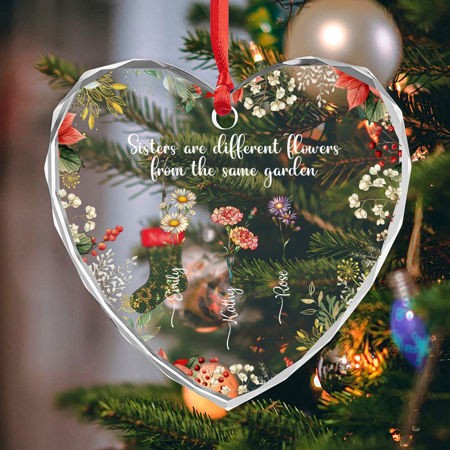 Sisters Garden Heart Ornament A Custom Keepsake with Personalized Names Birth Flowers