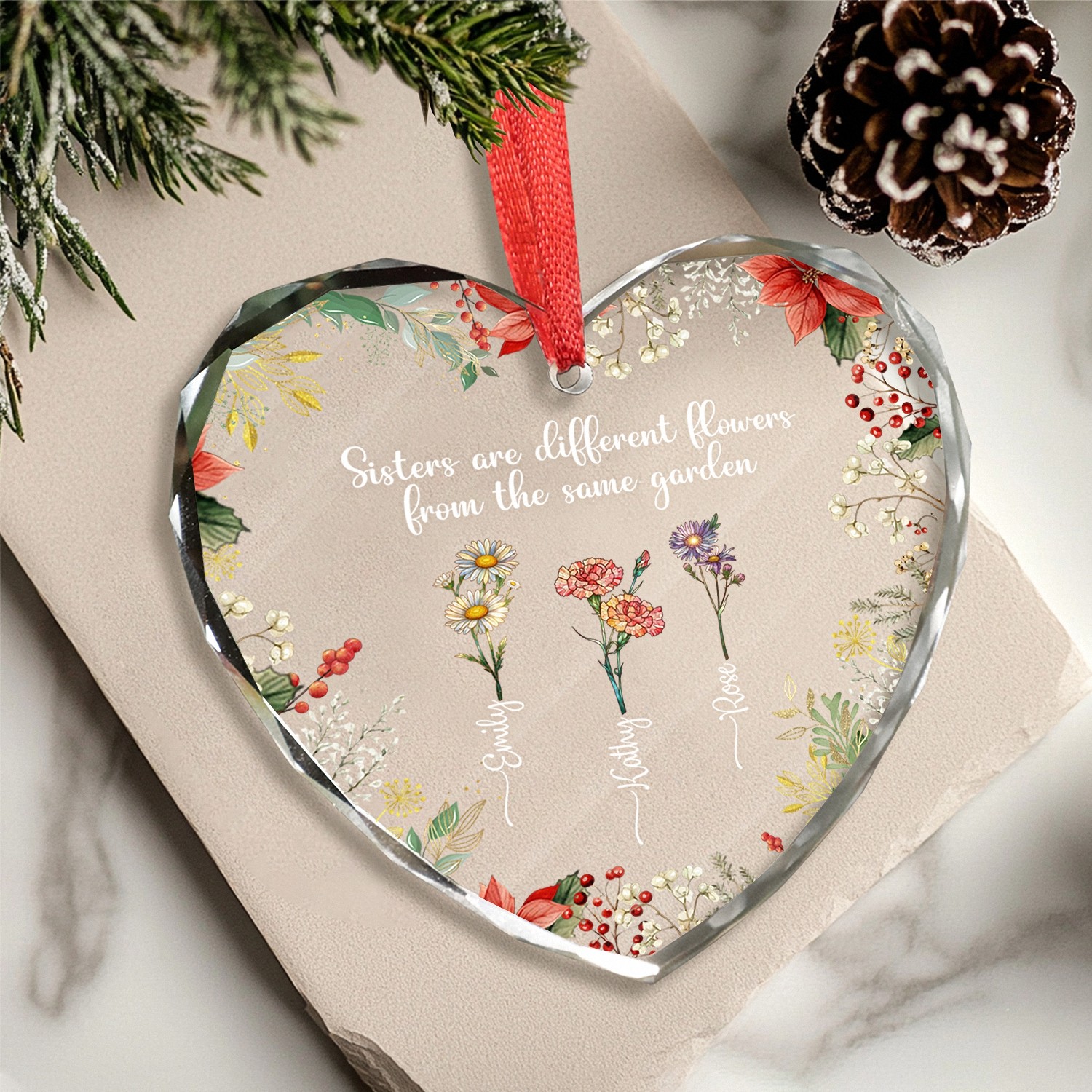 Sisters Garden Heart Ornament A Custom Keepsake with Personalized Names Birth Flowers