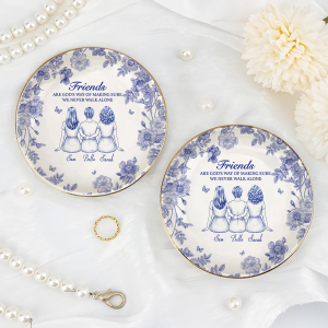 Personalized Best Friends Decorative Plate with Names Never Walk Alone Ceramic Keepsake Religious Friendship Gift for Women Blue Floral Chinoiserie Style with Gold Rim RJRF-UZ7K5